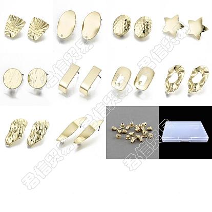 72 piezas 9 estilos de hallazgos para aretes de botón de hierro chapado en rack, con bucles verticales y pasadores de acero, trapezoide y ovalado y estrella y rectángulo, con 100 piezas de tuercas de oreja de hierro, sin plomo y cadmio