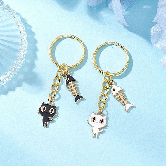 Подвесные брелки из сплава эмали, с железными разрезными брелоками, форма кошки с рыбьей костью, золотые