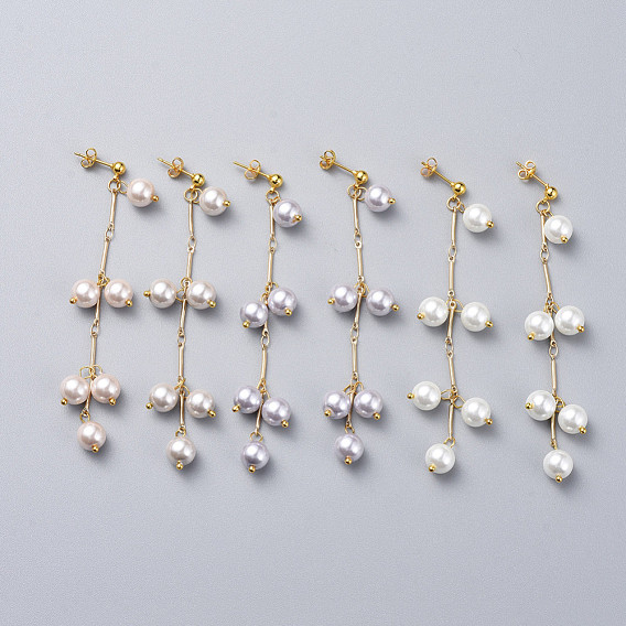 Long Earrings, with Brass Stud Earrings Findings, Round Glass Pearl Beads and Earring Backs/Ear Nuts, Golden