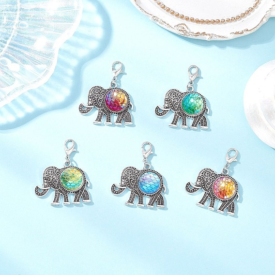 Resin Pendant Docorations, with Zinc Alloy Lobster Claw Clasps, Elephant, Antique Silver & Platinum