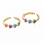 Brass Enamel Cuff Rings, Open Rings, Nickel Free, Curb Chain, Heart, Real 16K Gold Plated