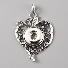 Alliage strass accrocher snap base pendentif pour la fabrication de bijoux à breloques interchangeables, cœur