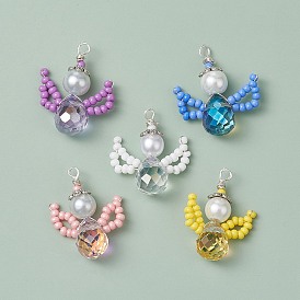 Glass Seed Beaded Pendants, with ABS Imitation Pearl, Angel