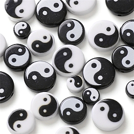 5Pcs Opaque Acrylic Beads, Flat Round with YinYang