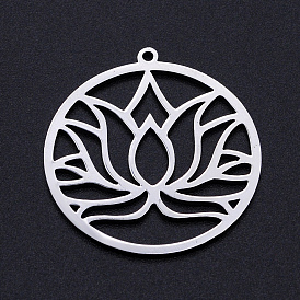 201 Stainless Steel Pendants, Filigree Joiners Findings, for Chakra, Laser Cut, Round Ring with Lotus Flower