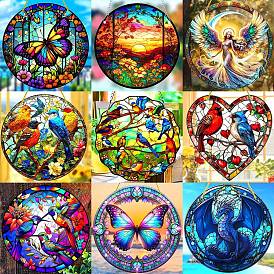 Flat Round Stained Acrylic Hanging Suncatchers, for Outdoor Garden Windows Decoration