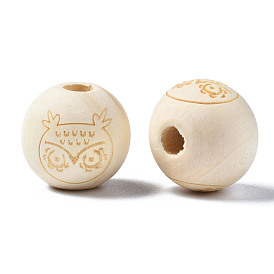 Unfinished Natural Wood European Beads, Large Hole Beads, Laser Engraved Pattern, Round with Owl