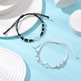 2шт. браслеты из сплава с крестообразными звеньями, вощеные нейлоновые регулируемые браслеты для парной дружбы, с латунной прокладки Rhinestone