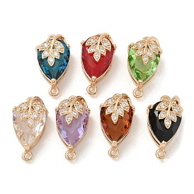 Brass Pave Faceted Glass Teardrop Connector Charms, Clear Cubic Zirconia Leaf Links, Real 18K Gold Plated