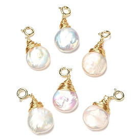 Décorations de pendentif en forme de larme de perles enveloppées de fil, fermoirs en laiton anneau de printemps