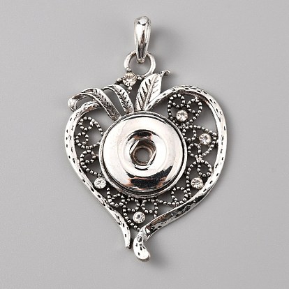 Alloy Rhinestone Hang Snap Base Pendant for Interchangeable Snap Charms Jewelry Making, Heart