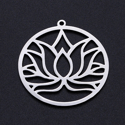 201 Stainless Steel Pendants, Filigree Joiners Findings, for Chakra, Laser Cut, Round Ring with Lotus Flower
