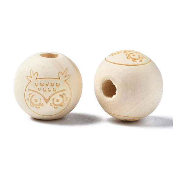 Unfinished Natural Wood European Beads, Large Hole Beads, Laser Engraved Pattern, Round with Owl