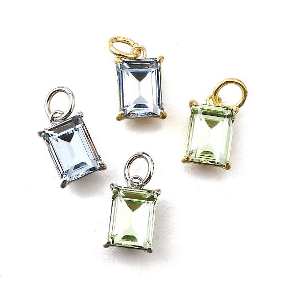 Латунь стекло амулеты, прямоугольник амулеты, с петлей для прыжковых колец, без свинца и без кадмия, стойки покрытие, прочное покрытие, граненые