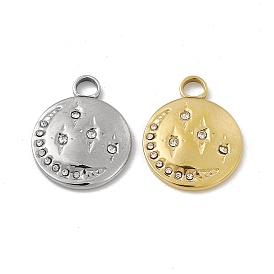Vacuum Plating 201 Stainless Steel Pendants, Crystal Rhinestone Flat Round with Moon & Star Charms