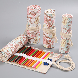 Tower Pattern Handmade Canvas Pencil Roll Wrap, Roll Up Pencil Case for Coloring Pencil Holder