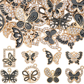32Pcs 8 Styles Alloy Enamel Pendants, with Crystal Rhinestone, Butterfly, Light Gold