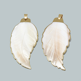 Electroplate Freshwater Shell Big Pendants, with Brass Findings, Leaf, Golden