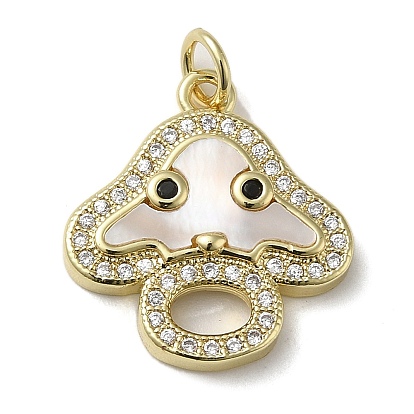Brass Micro Pave Cubic Zirconia Pendants, Cadmium Free & Lead Free, with Shell, Mushroom
