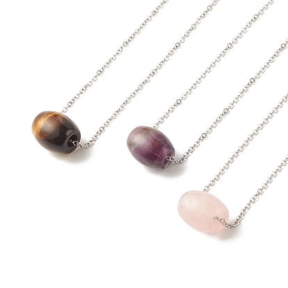 Natural Gemstone Barrel Pendant Necklace with 304 Stainless Steel Cable Chains for Women