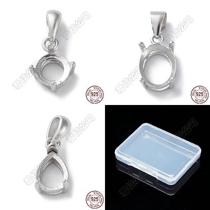3Pcs 3 Styles Rhodium Plated Rack Plating 925 Sterling Silver Pendants Cabochon Settings, 4-Prong Bezel Settings