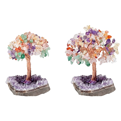 Natural Gemstone Chips Tree of Life Decorations, Rough Raw Amethyst Base with Copper Wire Feng Shui Energy Stone Gift for Women Men Meditation