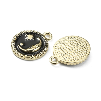 Emaille Anhänger Legierung, flach rund mit Mond- und Sternanhängern, Licht Gold