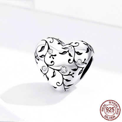 925 Sterling Silver Euorpean Beads, with Cubic Zirconia, Heart