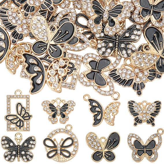 32Pcs 8 Styles Alloy Enamel Pendants, with Crystal Rhinestone, Butterfly, Light Gold