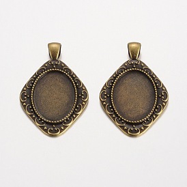 Rhombus Tibetan Style Alloy Pendant Cabochon Settings, Lead Free & Nickel Free & Cadmium Free, Oval Tray: 18x25mm, 47x30x2mm, Hole: 7x5mm, about 169pcs/1000g