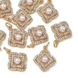 SHEGRACE Brass Pave Clear Cubic Zirconia Pendants, with ABS Imitation Pearl, Clover Charms, Cadmium Free & Nickel Free & Lead Free, Long-Lasting Plated