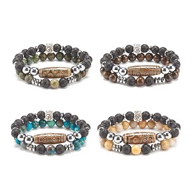 2Pcs 2 Style Mala Bead Bracelets Set with Tibetan Agate Dzi Beads, Natural Gemstone & Lava Rock & Synthetic Hematite Stretch Bracelets with Yoga Theme Alloy for Women