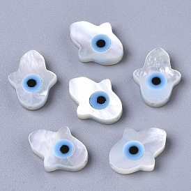 Natural White Shell Mother of Pearl Shell Beads, with Synthetic Turquoise, Hamsa Hand/Hand of Miriam with Evil Eye