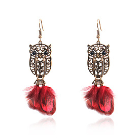 Alloy Owl with Feather Long Dangle Earrings for Women