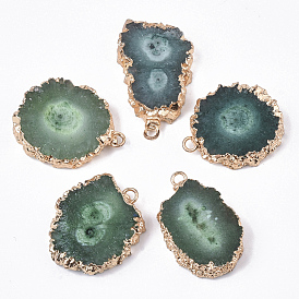 Natural Druzy Agate Pendants, with Brass Finding, Golden Tone Edge Plated, Dyed, Nuggets