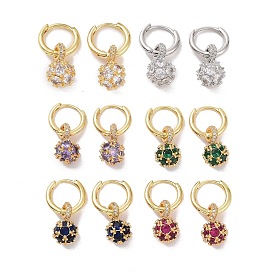 Boucles d'oreilles créoles pendantes boule ronde zircone cubique, bijoux en laiton pour femmes