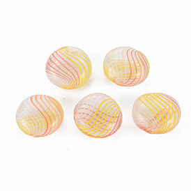 Transparent Handmade Blown Glass Globe Beads, Stripe Pattern, Flat Round