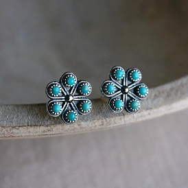 Boho Synthetic Turquoise Stud Earrings, Alloy Findings, Flower, Antique Silver