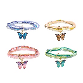 Glass Seed Beads Beaded Multi-strand Bracelets, Alloy Enamel Butterfly Charm Stretch Bracelets for Woman