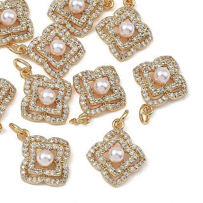 SHEGRACE Brass Pave Clear Cubic Zirconia Pendants, with ABS Imitation Pearl, Clover Charms, Cadmium Free & Nickel Free & Lead Free, Long-Lasting Plated