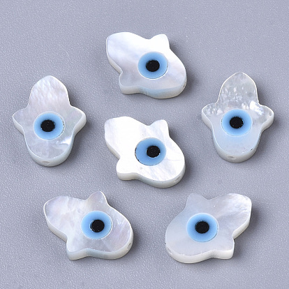 Natural White Shell Mother of Pearl Shell Beads, with Synthetic Turquoise, Hamsa Hand/Hand of Miriam with Evil Eye