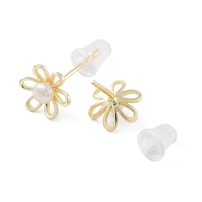 Boucles d'oreilles fleur de perle naturelle, boucles d'oreilles en laiton avec épingles en argent sterling