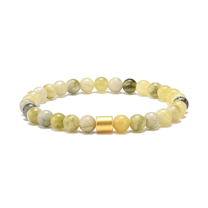 Natural Qinghua Jade Round Beaded Stretch Bracelet with Column Synthetic Hematite, Gemstone Jewelry for Women