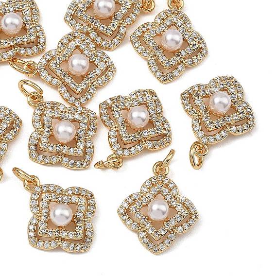SHEGRACE Brass Pave Clear Cubic Zirconia Pendants, with ABS Imitation Pearl, Clover Charms, Cadmium Free & Nickel Free & Lead Free, Long-Lasting Plated