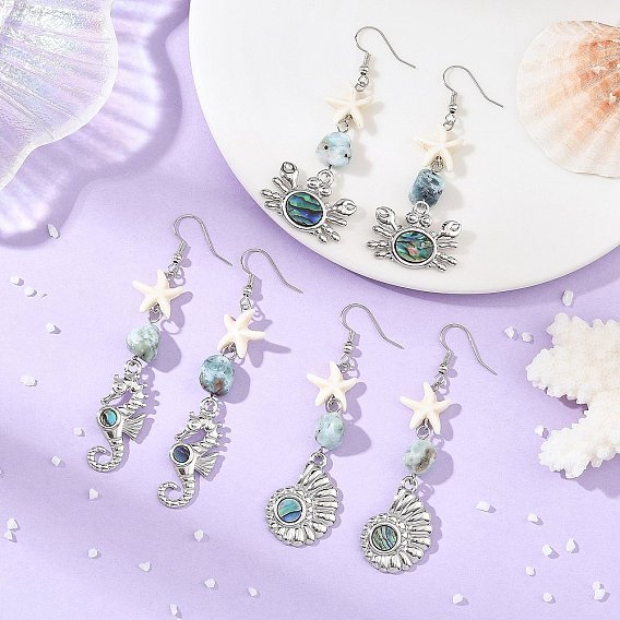 Océan 304 Boucles d'oreilles pendantes en acier inoxydable pavé de nacre naturelle pour femmes, avec des perles de pierres fines