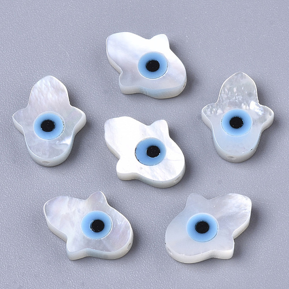 Natural White Shell Mother of Pearl Shell Beads, with Synthetic Turquoise, Hamsa Hand/Hand of Miriam with Evil Eye