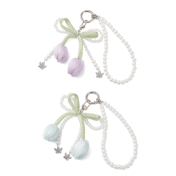 2 шт. 2 Цвета: ткань, двуглавый тюльпан и подвесные украшения из сплава, с бусинами из АБС-пластика, имитирующими жемчуг, и пружинными кольцами из цинкового сплава