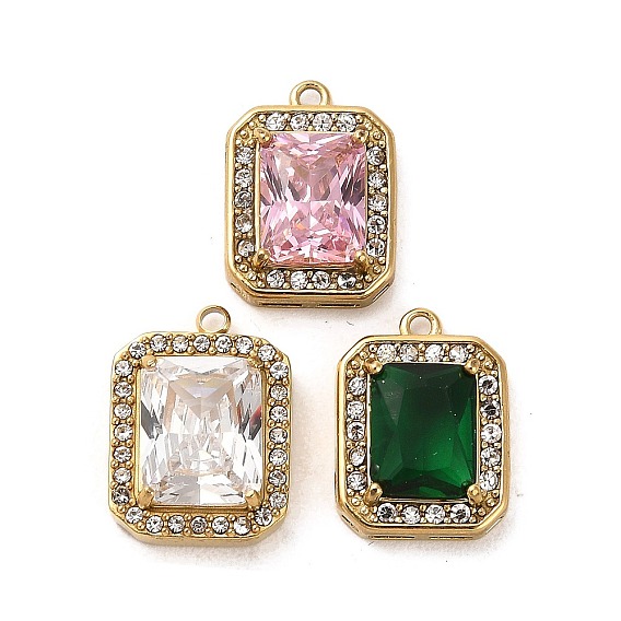 Настоящее 14к позолота 304 подвески из нержавеющей стали, со стеклянными стразами, прямоугольник амулеты