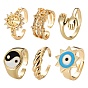 6 шт 6 стили регулируемые латунные манжеты, открытые кольца, долговечный, звезда, объятие, поворот и солнце с глазом, овал и сплетни / инь янь