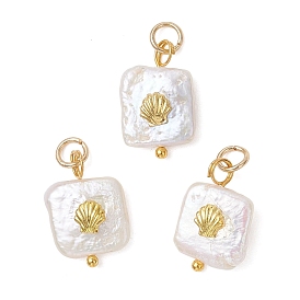 Подвески из барочного натурального нуклеированного жемчуга кеши, квадратные подвески с пластинками в форме ракушек из сплава, белые